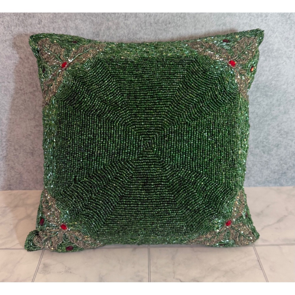 Cynthia Rowley Green Beaded Holly Christmas Throw Pillow Red Gems 12x12